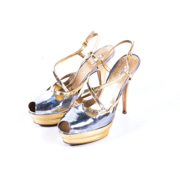 Miu Miu Shoes - Miu Miu Silver and Gold Leather Platform Heels - Size 39